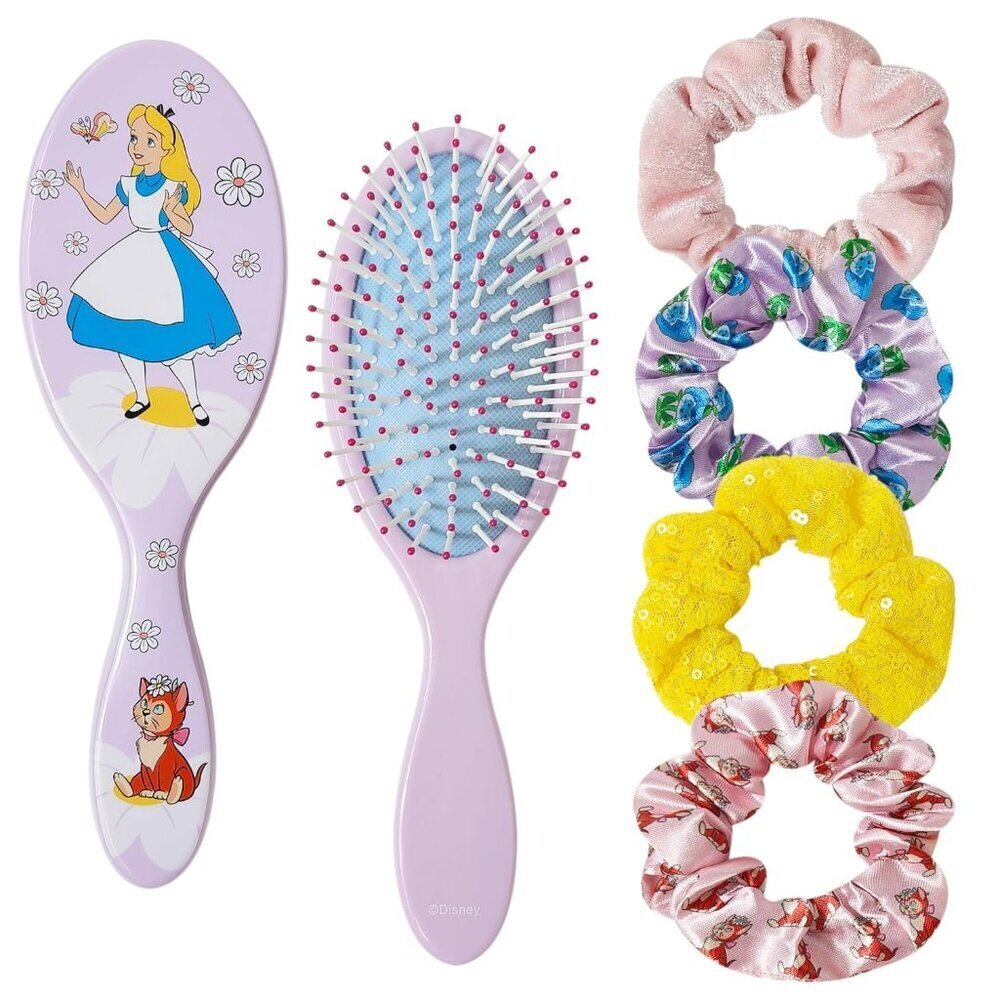 Alice in Wonderland Hair Accessory Set 5 Pieces Detangling Brush Plus Scrunchies